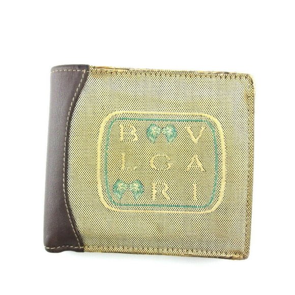 BVLGARI Two-folded wallet logo beige canvas ~ leather Auth used T19763